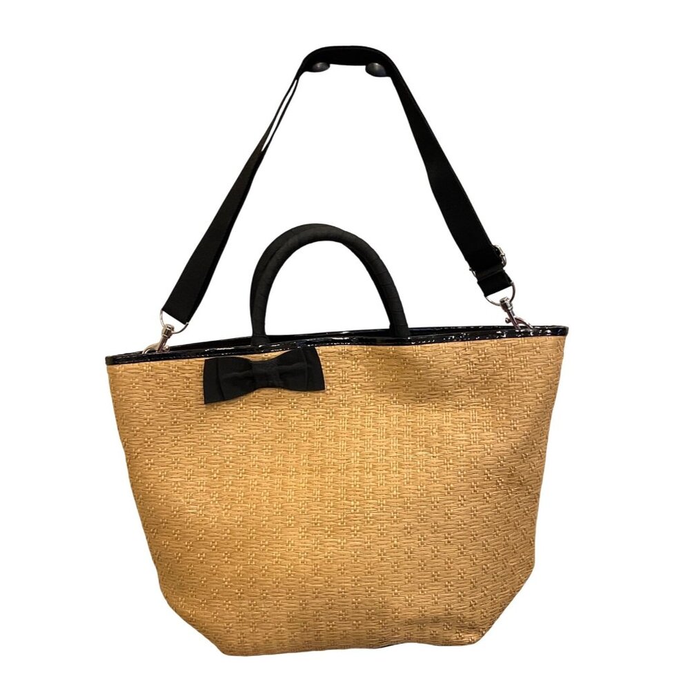 Bath & Body Works Straw Tote Bag Black Handles Bow Removable Strap Summer Travel
